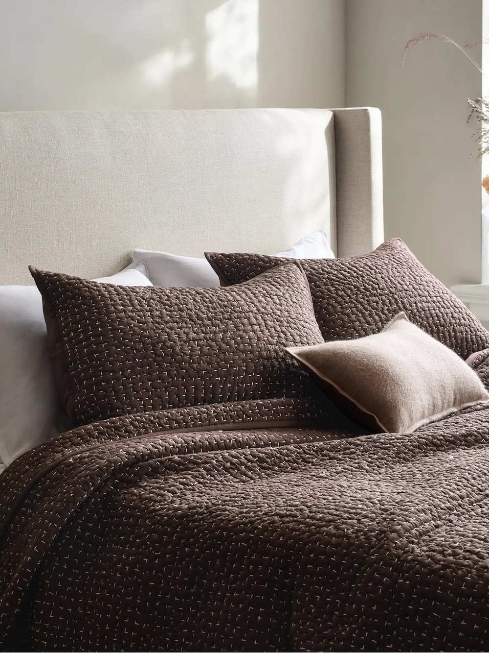 TWO piece NWT King  Organic Cotton Hand Stitched Quilted Sham Set ESPRESSO $58